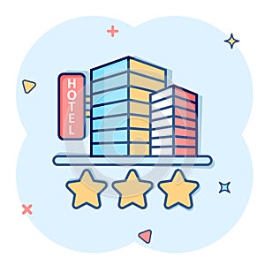 Hotel 3 stars sign icon in comic style. Inn building cartoon vector illustration on white isolated background. Hostel room splash