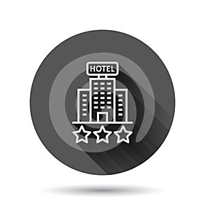 Hotel 3 stars sign icon in flat style. Inn building vector illustration on black round background with long shadow effect. Hostel