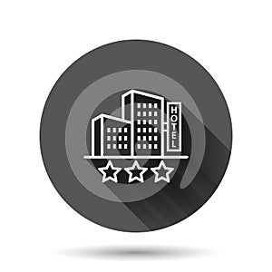 Hotel 3 stars sign icon in flat style. Inn building vector illustration on black round background with long shadow effect. Hostel