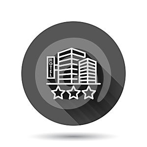 Hotel 3 stars sign icon in flat style. Inn building vector illustration on black round background with long shadow effect. Hostel