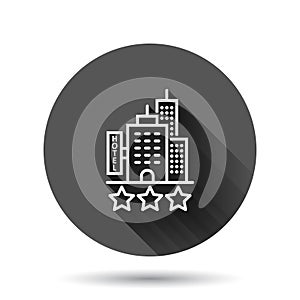 Hotel 3 stars sign icon in flat style. Inn building vector illustration on black round background with long shadow effect. Hostel