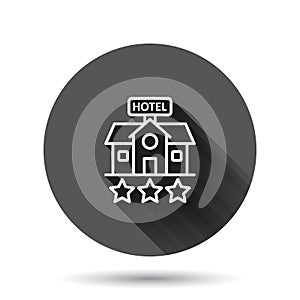 Hotel 3 stars sign icon in flat style. Inn building vector illustration on black round background with long shadow effect. Hostel