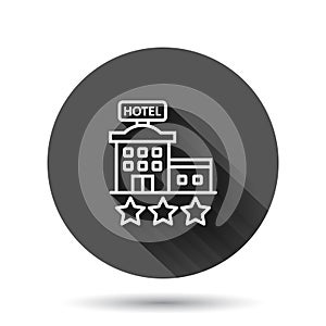 Hotel 3 stars sign icon in flat style. Inn building vector illustration on black round background with long shadow effect. Hostel