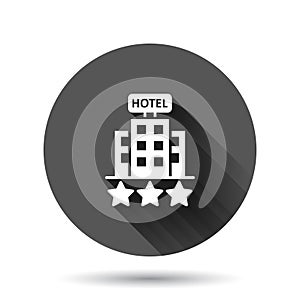 Hotel 3 stars sign icon in flat style. Inn building vector illustration on black round background with long shadow effect. Hostel