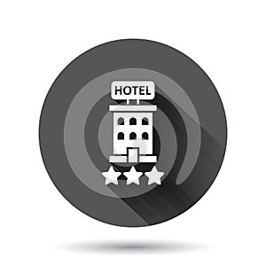 Hotel 3 stars sign icon in flat style. Inn building vector illustration on black round background with long shadow effect. Hostel