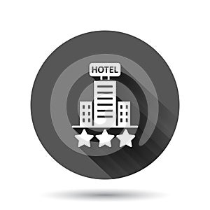 Hotel 3 stars sign icon in flat style. Inn building vector illustration on black round background with long shadow effect. Hostel