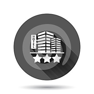 Hotel 3 stars sign icon in flat style. Inn building vector illustration on black round background with long shadow effect. Hostel