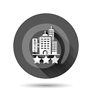 Hotel 3 stars sign icon in flat style. Inn building vector illustration on black round background with long shadow effect. Hostel