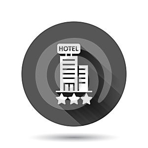 Hotel 3 stars sign icon in flat style. Inn building vector illustration on black round background with long shadow effect. Hostel