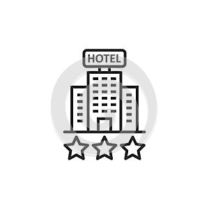 Hotel 3 stars sign icon in flat style. Inn building vector illustration on white isolated background. Hostel room business concept