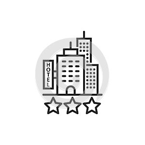 Hotel 3 stars sign icon in flat style. Inn building vector illustration on white isolated background. Hostel room business concept