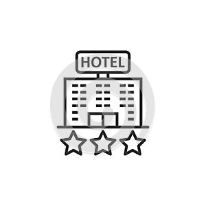 Hotel 3 stars sign icon in flat style. Inn building vector illustration on white isolated background. Hostel room business concept