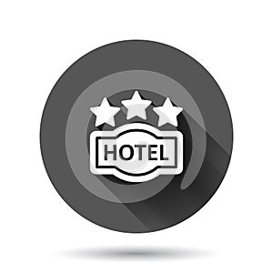 Hotel 3 stars sign icon in flat style. Inn vector illustration on black round background with long shadow effect. Hostel room