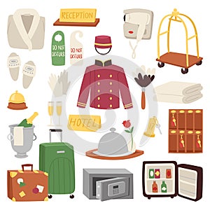 Hotel or accommodation icon set travel symbol service reception luggage suitcase vector illustration