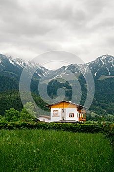 Hotel in the Alps. Mountain view.