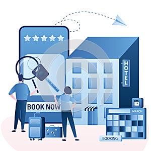 Hotel or apartments online booking. Couple of tourists with baggage, search and book hotel room