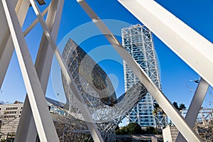 Hotel Arts and Peix sculpture in Port Olimpic, the Olympic village, Barceloneta Beach, Barcelona, Spain