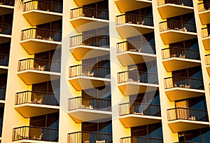 Hotel balconies at sunset