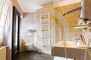 Hotel bathroom interior, bath, Europe tourism