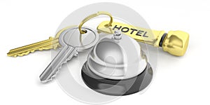 Hotel bell and keys on white background. 3d illustration