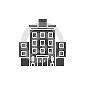 Hotel black glyph icon. Building: apartment, motel, hostel sign. Real estate. Pictogram for web page, mobile app, promo. UI UX GUI