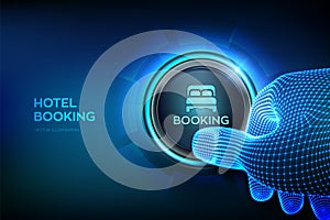 Hotel booking. Online Reservation. Mobile application for renting accommodations. Travel and tourism concept. Closeup finger about