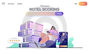 Hotel booking web concept for landing page. Woman planning trip and rents house or room using mobile app, rest and travel banner