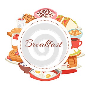 Hotel breakfast menu poster with croissant, waffles, fried eggs, bacon and oatmeal top view banner vector illustration.