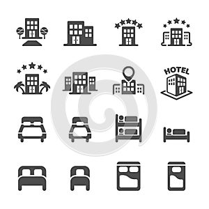 Hotel building and bedroom icon set, vector eps10