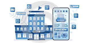 Hotel building, big smartphone with app. Search and book hotel room. Mobile reservation of apartments concept. Modern travel