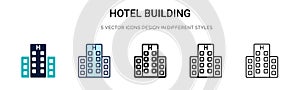 Hotel building icon in filled, thin line, outline and stroke style. Vector illustration of two colored and black hotel building