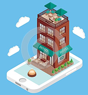 Hotel building on mobile phone screen in vector isometric style. Booking hotel online using smartphone. Illustration in