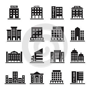 Hotel Building, Office tower, Building icons set illustration