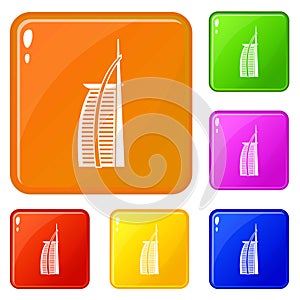 Hotel Burj Al Arab in United Arab Emirates icons set vector color