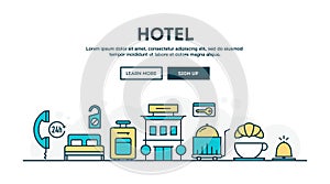 Hotel, colorful concept header, flat design thin line style