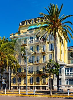 Hotel des Anglais city hall residence at Quai des Etats Unis avenue and Prom des Anglais boulevard along Nice beach in France