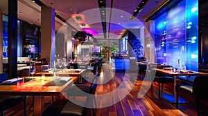 Hotel dining area featuring interactive digital menus and ambient lighting