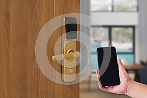 Hotel door security Unlocking by application on mobile phone. Digital door lock, key less system of access door.