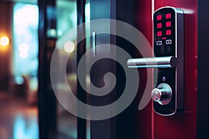 Hotel door security Unlocking by application on mobile phone. Digital door lock, keyless system of access door. Close up and