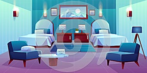 Hotel double room cartoon vector interior