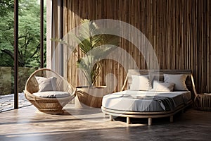 Hotel in eco tropical style with bedroom, terrace, armchairs, window surrounded by natural beauty. Generative AI