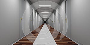 Hotel empty corridor with grey doors and wooden and marble floor. 3d illustration