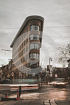 Hotel Europe, a six-story flatiron style heritage building on Powell Street in Vancouver`s Gastown area