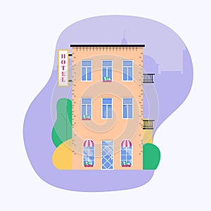 Hotel facade. Ideal for market business web publications and graphic design. Flat style vector illustration.