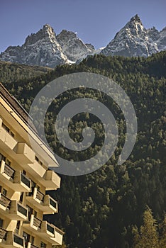 Hotel facade and Red peaks from Aiguilles mountains