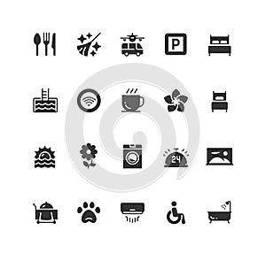 Hotel facilities and services icons in glyph style