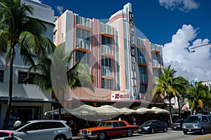 A hotel with a fleet of parked cars standing in front, illustrating a bustling scene, An Art Deco hotel in Miami, AI Generated