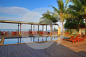 The hotel grounds, swimming pool and trees, Phra Ae Beach, Ko Lanta, Thailand