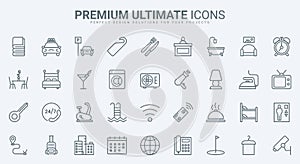 Hotel hospitality, reception thin line icons set, breakfast in restaurant, taxi transfer photo