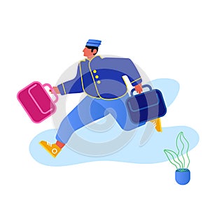 Hotel Hospitality Service Concept. Bell Boy Carrying Suitcases Isolated on White Background. Bellman Male Hotel Worker